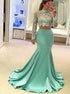 Mermaid Two Piece High Neck Long Sleeves Satin Appliques Prom Dress LBQ3782